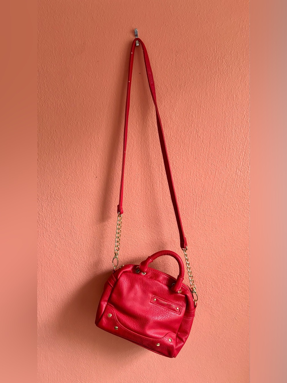 Olivia + Joy Red Leather Crossbody Satchel with Gold Chain Accents